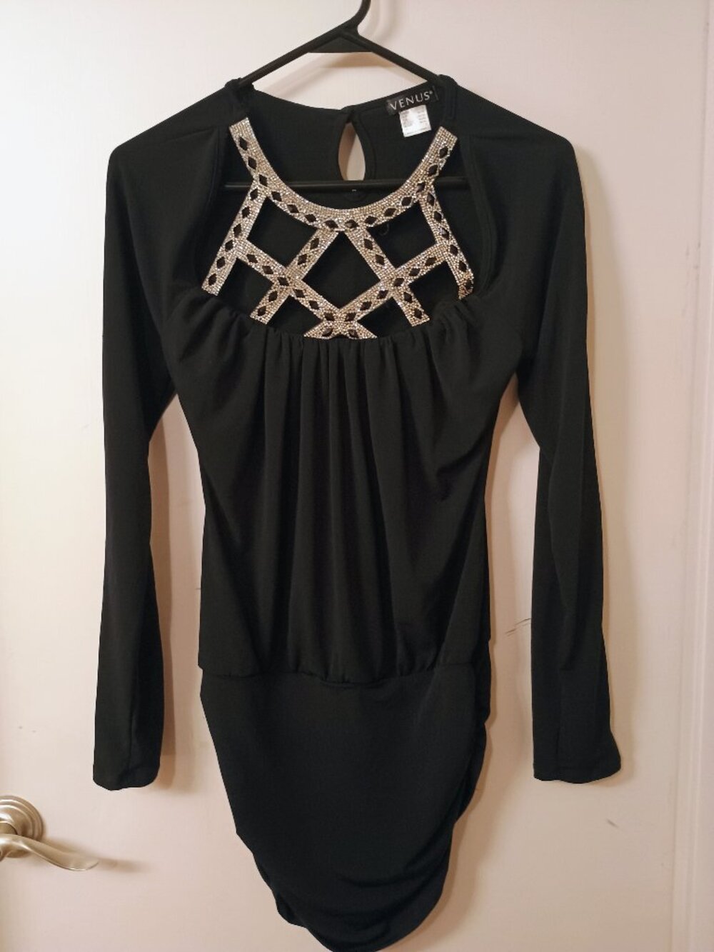 VENUS long sleeve black top with rhinestone embellishment and cutouts, Size S